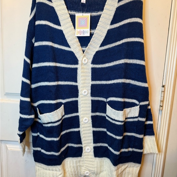 LuLaRoe Navy and Cream Striped Cardigan - Picture 1 of 3
